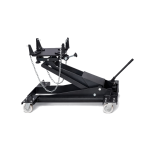 Gato hidráulico para transmisión UNITED color negro, con base rodante y cadenas de seguridad, sobre fondo blanco