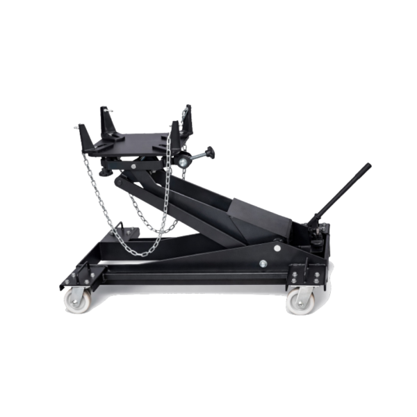 Gato hidráulico para transmisión UNITED color negro, con base rodante y cadenas de seguridad, sobre fondo blanco